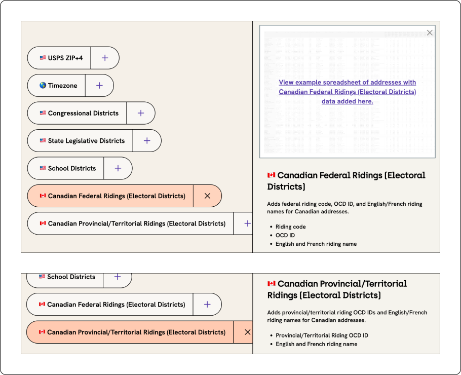 Screenshot of box to click to add ridings to addresses or coordinates