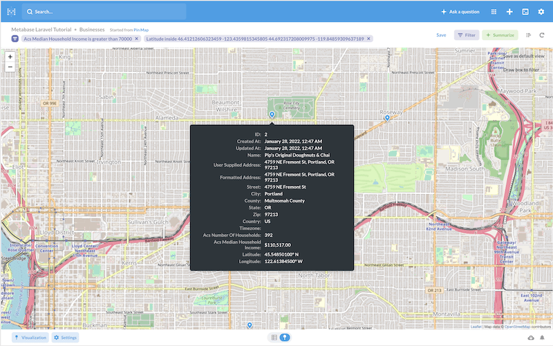 A zoomed in pin map. Clicking the pin will take you to a detail page, which will give you additional info, including the ability to traverse through foreign key relationships for this business.