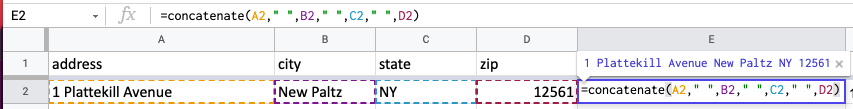 screenshot of spreadsheet with function shown: =concatenate(A2,