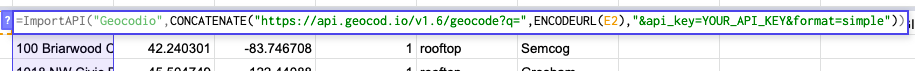 Showing function in a cell: =ImportAPI(