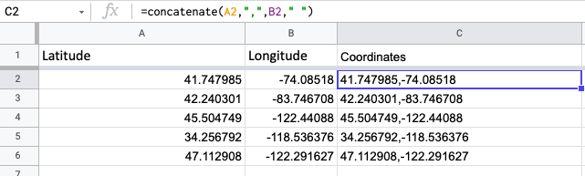 screenshot of spreadsheet with function shown: =concatenate(A2,