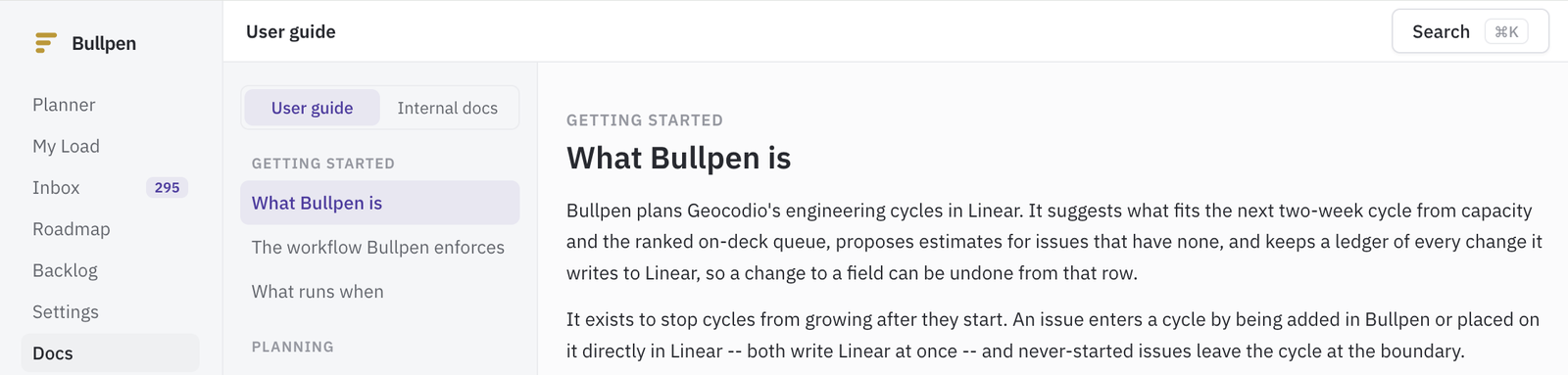 The Bullpen documentation subsite, with a user guide and internal docs section and a page explaining what Bullpen is