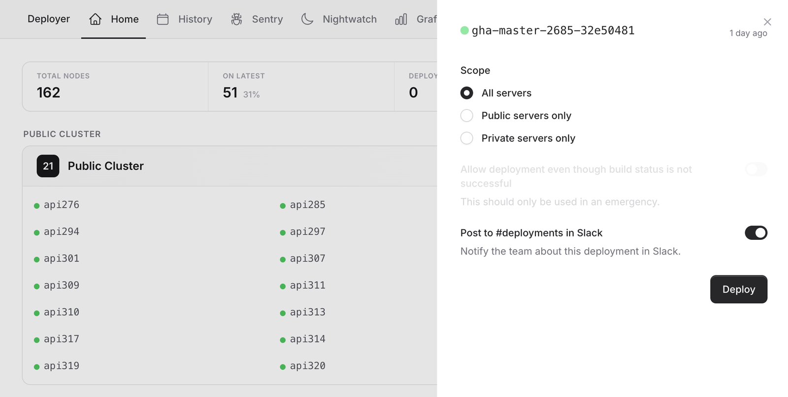 The deployment tool, showing the public cluster with every node on the latest release and the deploy dialog open