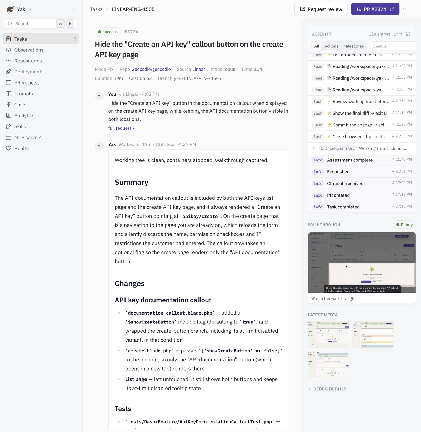 Yak showing a completed task: the request from Linear, a summary of the change, the activity log, and a recorded walkthrough
