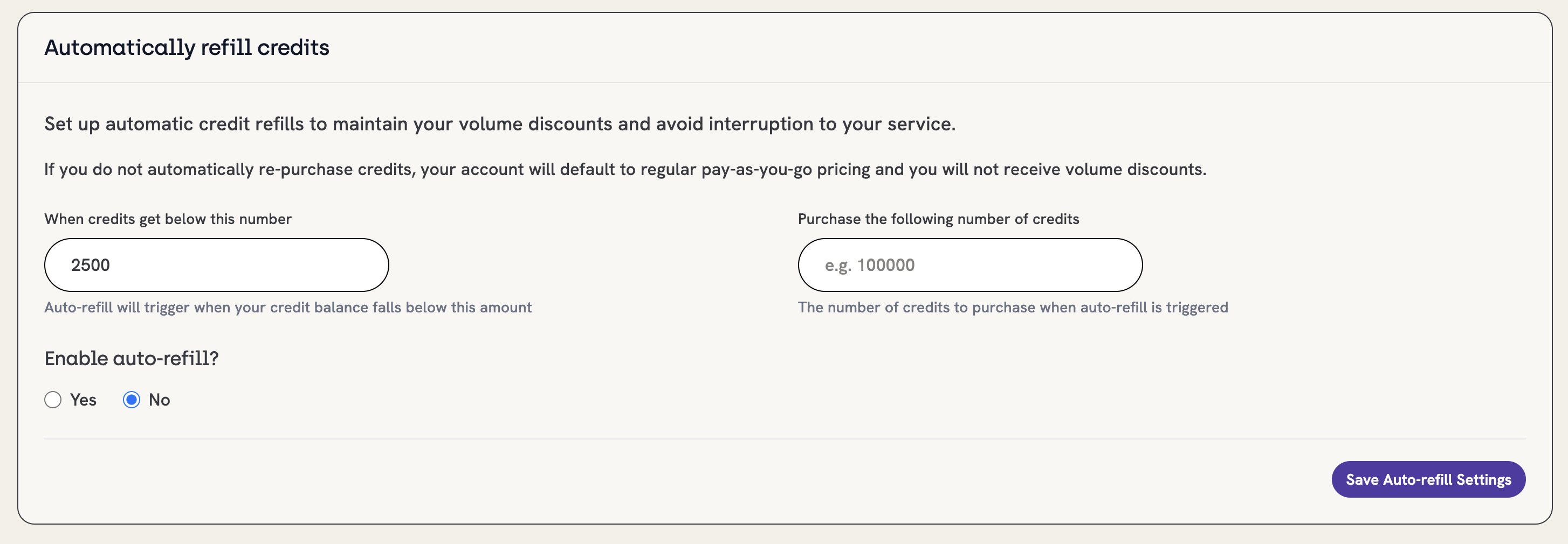 An example of the auto-refill section on the 
