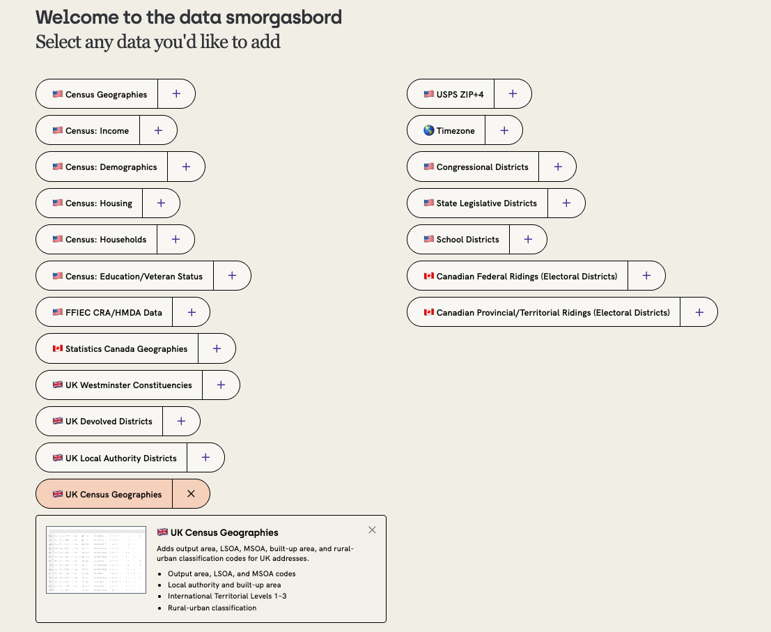 The UK Census option selected in the Data Appends step of Geocodio's spreadsheet upload tool.