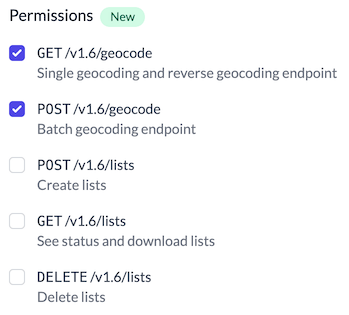 List of API key permissions with default values selected