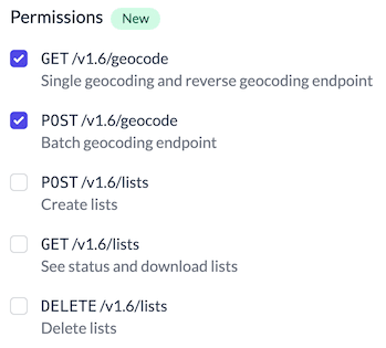 List of API key permissions with default values selected