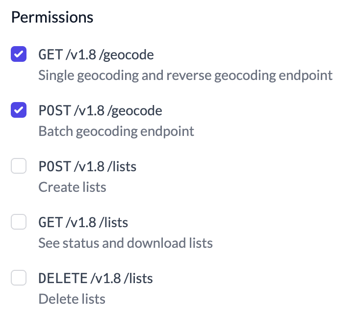 List of API key permissions with default values selected