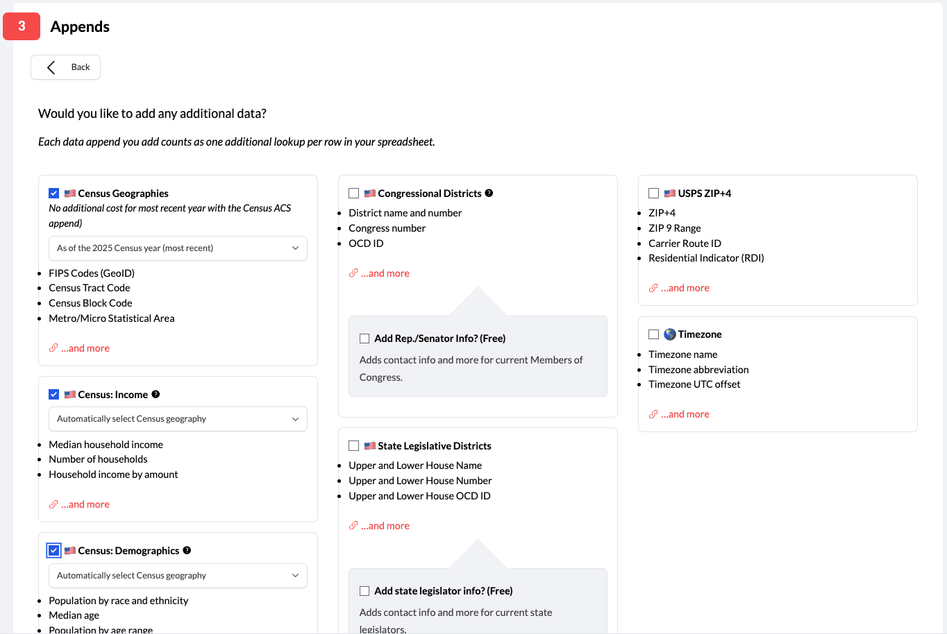 upload page - census geography selection options