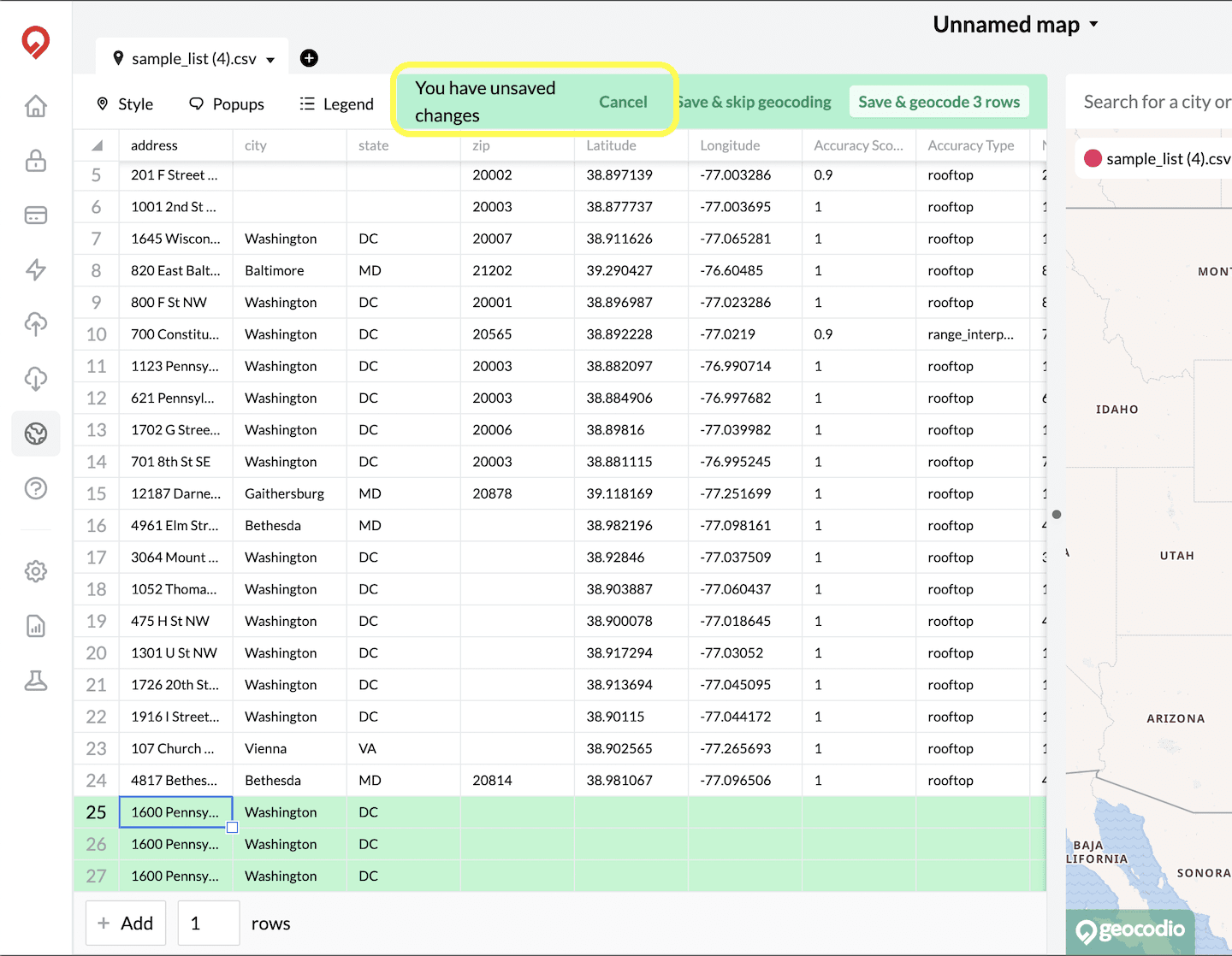 Screenshot of Save and Geocode Menu