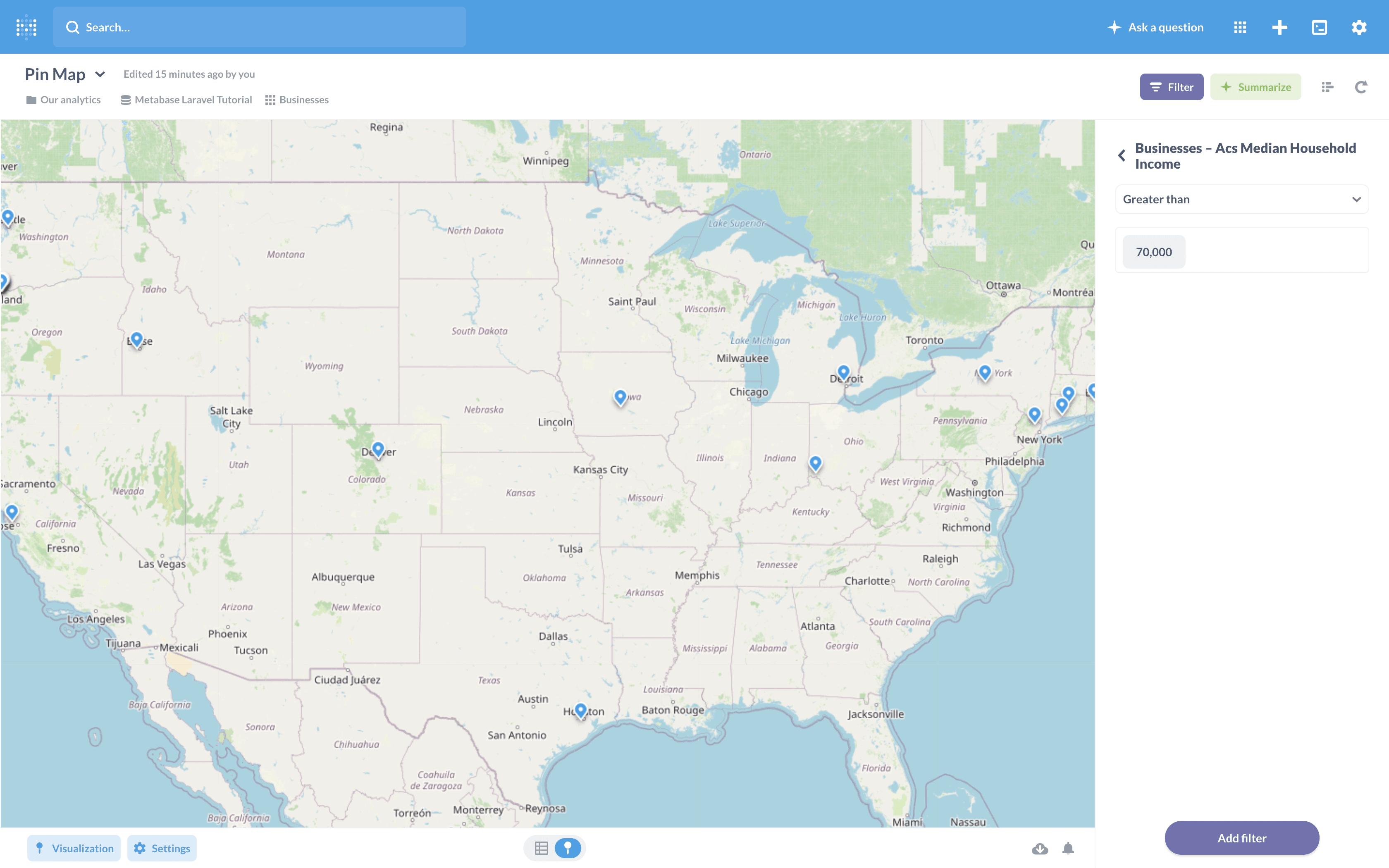 Metabase pin map with Census household income data filter