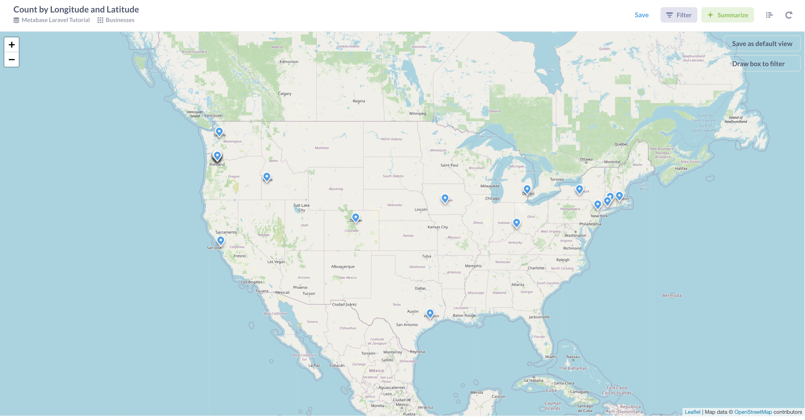 Metabase pin map of the entire U.S.