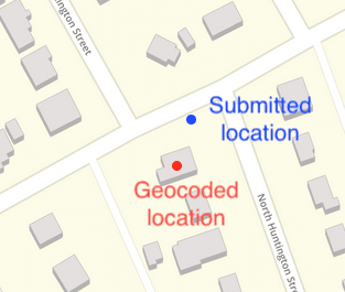 Comparison of geocoded results, showing one closer to the street and one on the rooftop