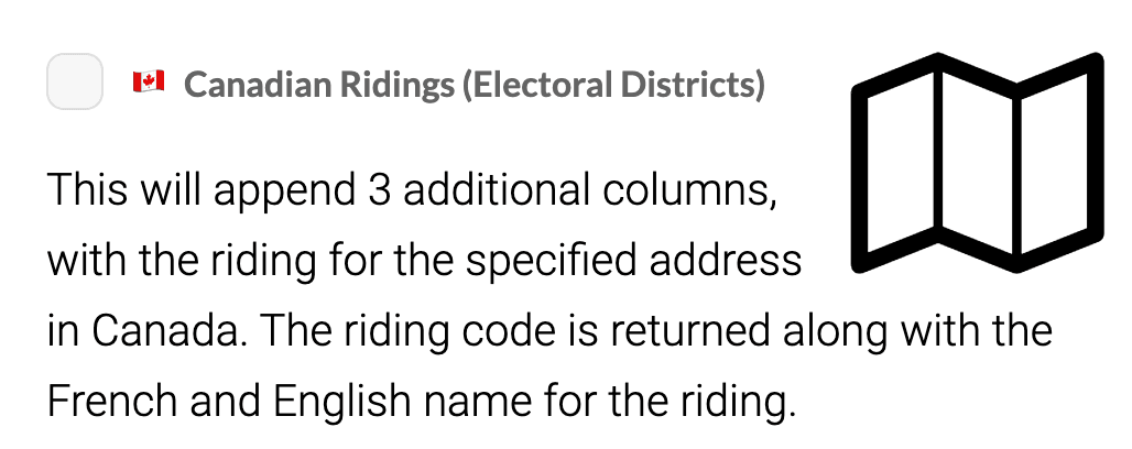 Screenshot of box to click to add ridings to addresses or coordinates