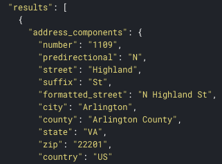 Example API result showing counties added to address via API