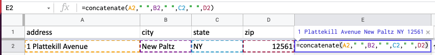 screenshot of spreadsheet with function shown: =concatenate(A2," ",B2," ",C2," ",D2)