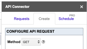 Showing Create window of API Connector with Method set as Get