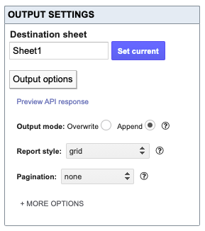 Destination Sheet set as Sheet1 and output set to grid