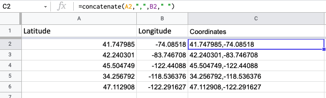 screenshot of spreadsheet with function shown: =concatenate(A2," ",B2," ",C2," ",D2)