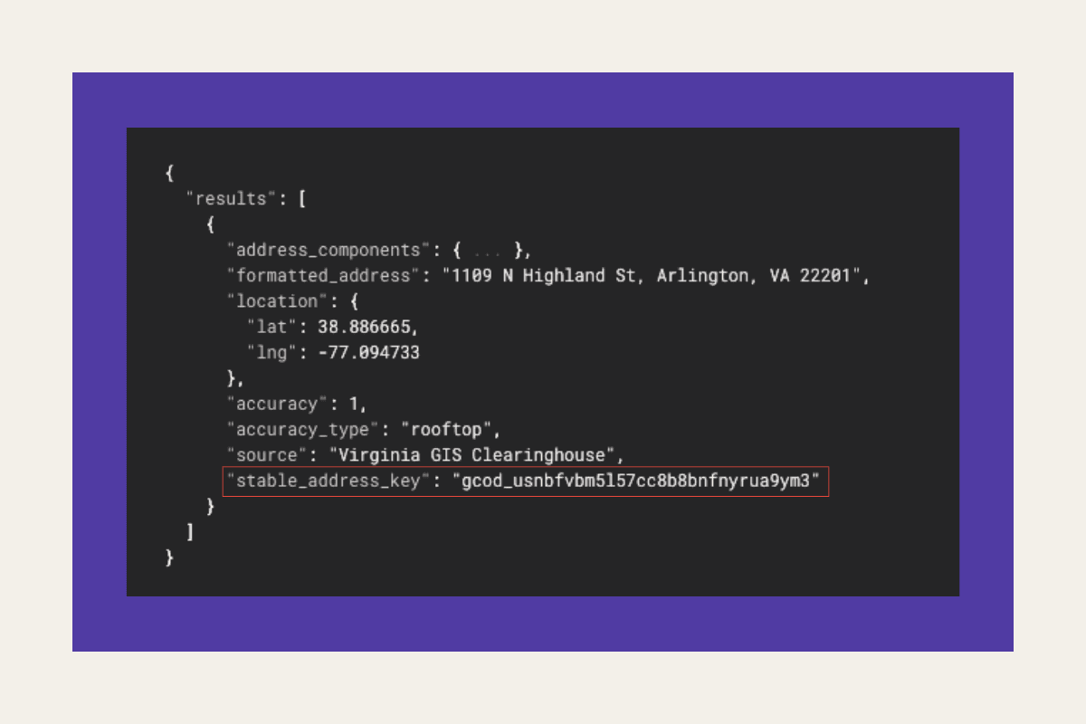Geocodio just launched stable address keys, included with all geocoding results.