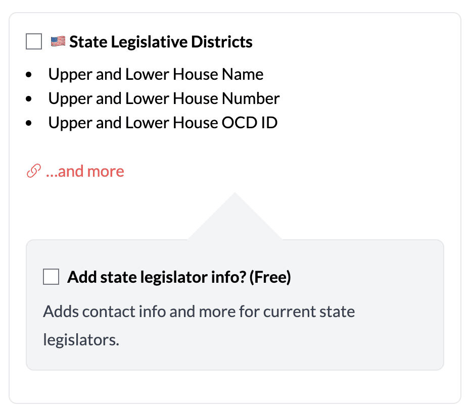 Screenshot of the Geocodio upload process showing the ability to add state legislator contact information to a spreadsheet of addresses